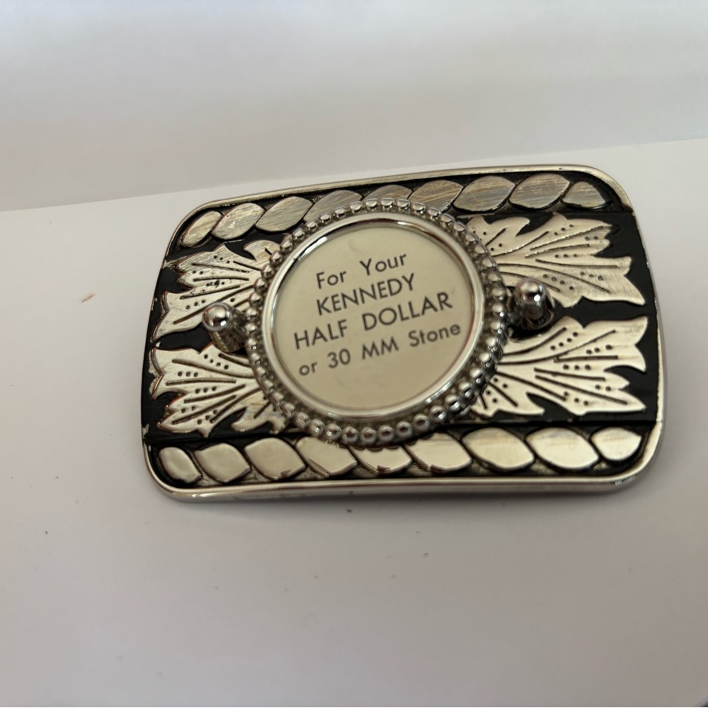 Silver and Black Belt Buckle vintage stone coin holder